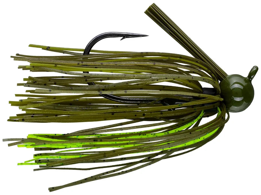Dirty Jigs Weekender Football Jig fishing lure in olive green with black speckles, featuring a weighted football-shaped head and flexible skirt strands for lifelike movement.