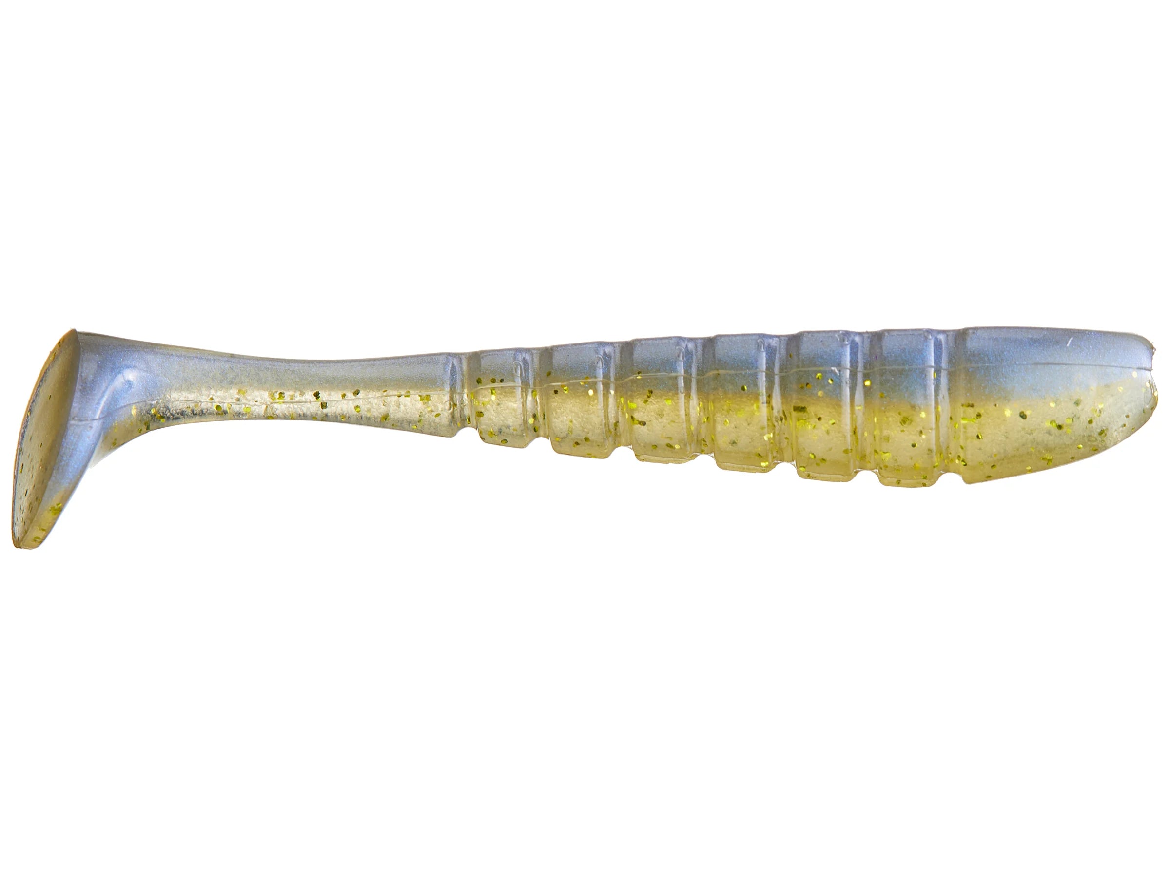X-Zone Pro Series Swammer soft plastic fishing lure in translucent green with gold flakes, designed to mimic small baitfish and attract musky with lifelike swimming action.