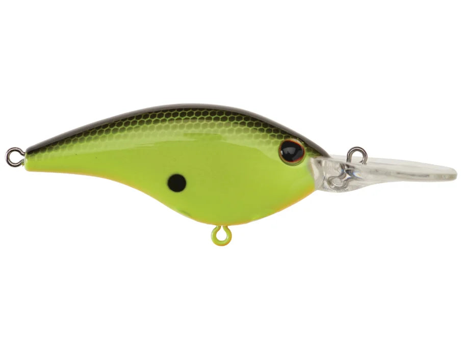 Berkley Frittside 7 Crankbait fishing lure in chartreuse green with black scale pattern, featuring two attachment hooks and a clear diving lip for freshwater fishing tackle.