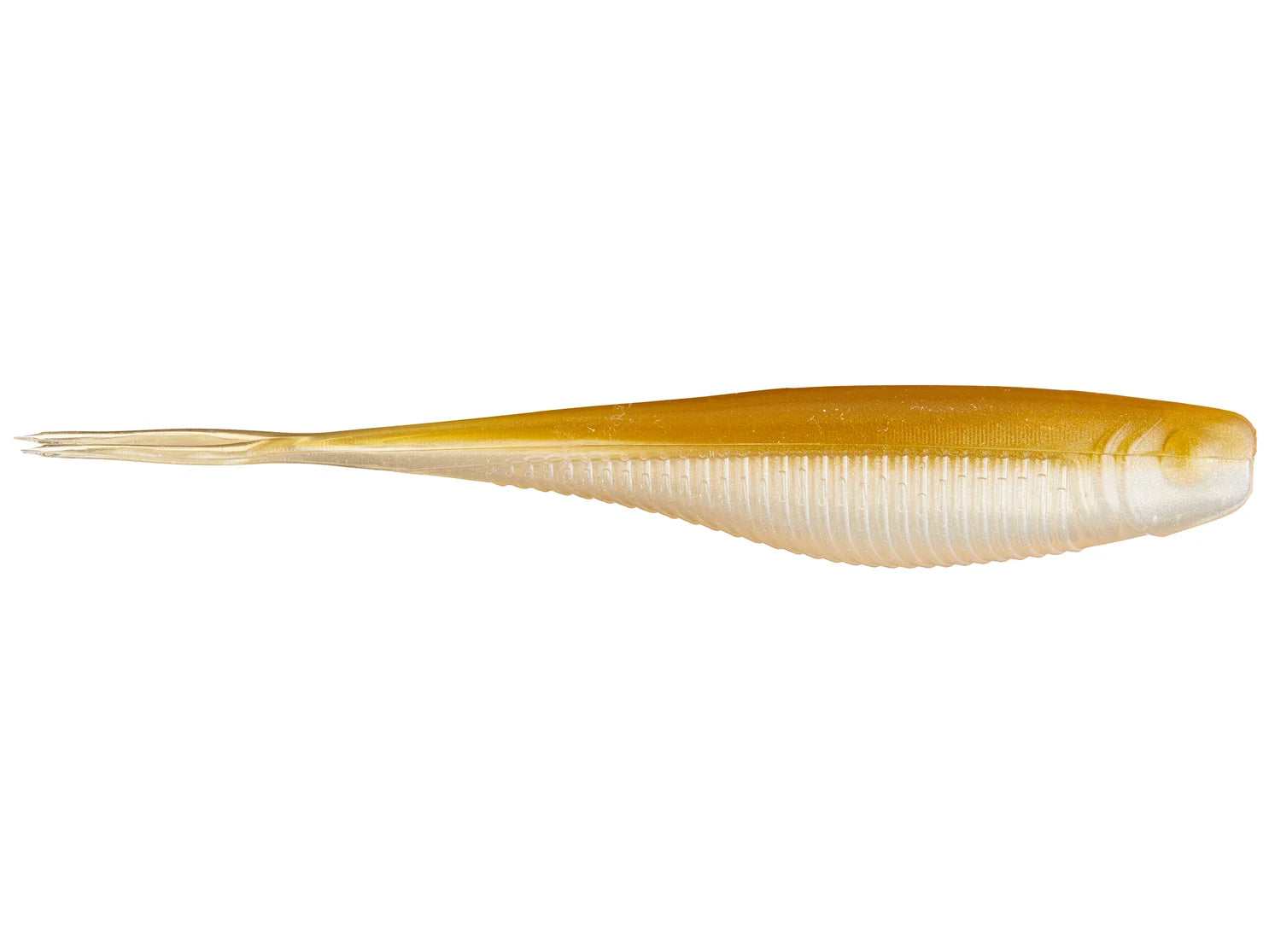 X-Zone Rally Shad soft plastic fishing lure in a translucent tan and gold color with ribbed body and paddle tail, designed for freshwater fishing tackle.