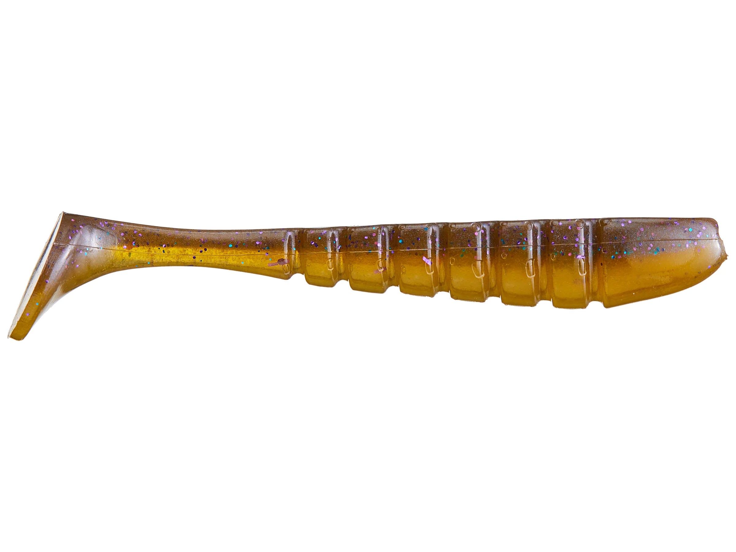 X-Zone Pro Series Swammer soft plastic fishing lure in translucent brown with ribbed body and paddle tail designed for lifelike movement in water.