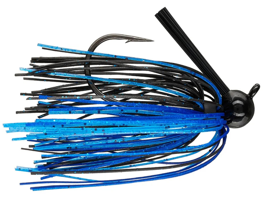 Dirty Jigs Weekender Football Jig fishing lure with black and blue skirt, sharp hook, designed for musky and ice fishing tackle.