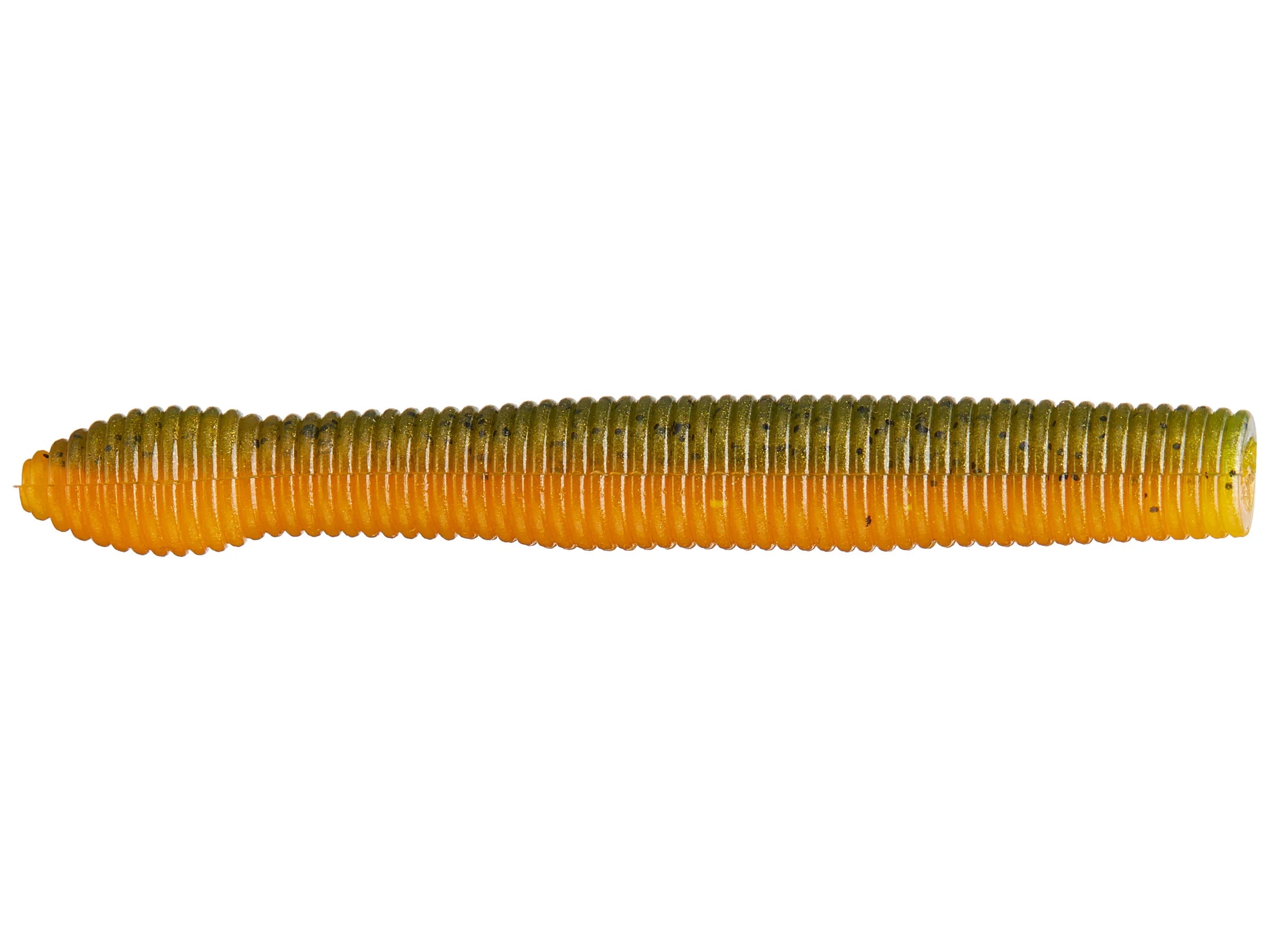 X-Zone Ned Zone soft plastic fishing lure in green and orange colors with ribbed body designed for freshwater fishing tackle.