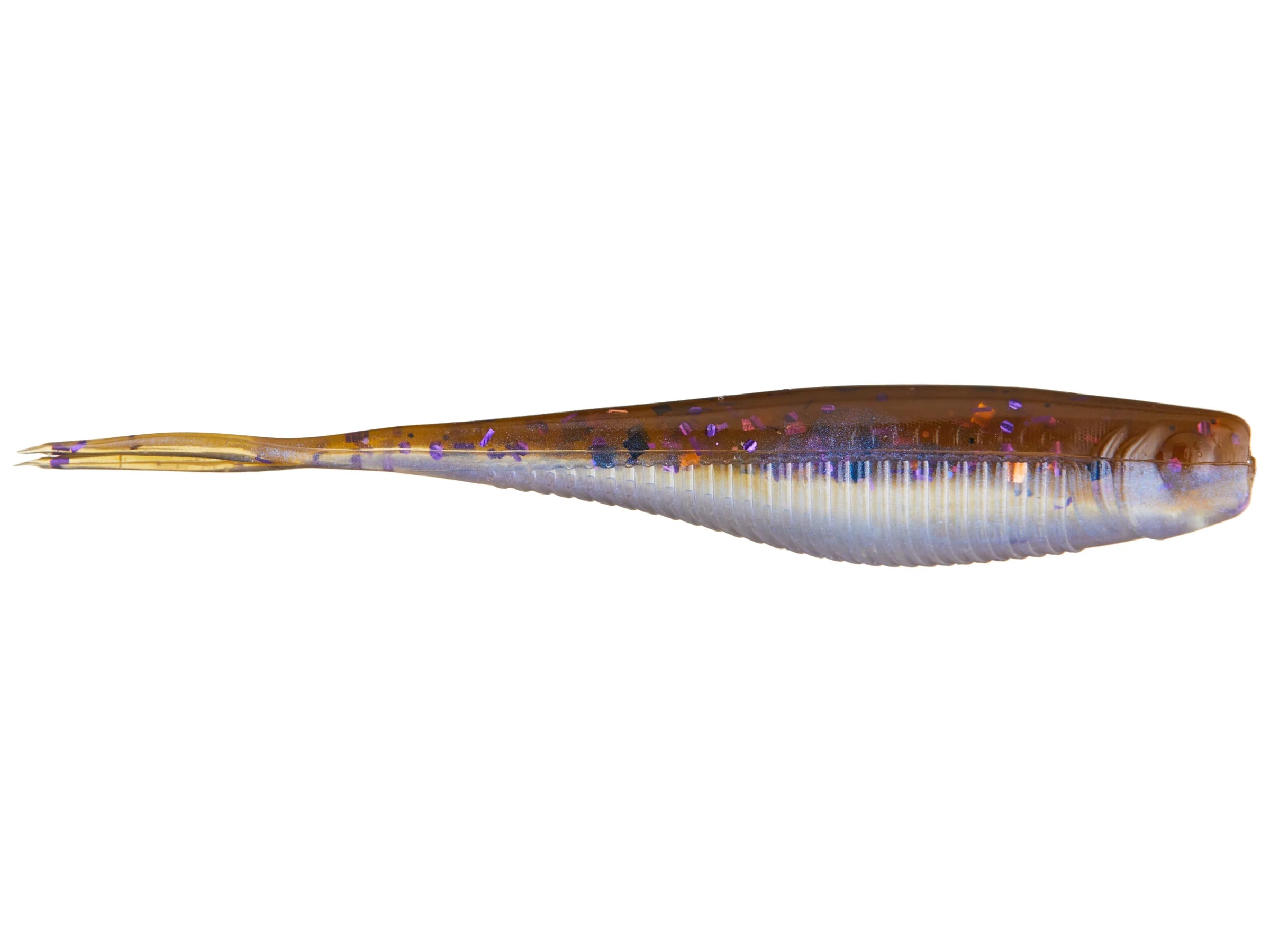 X-Zone Rally Shad fishing lure in translucent brown with purple speckles and a tapered, fish-like body designed for realistic movement to attract musky and other game fish.
