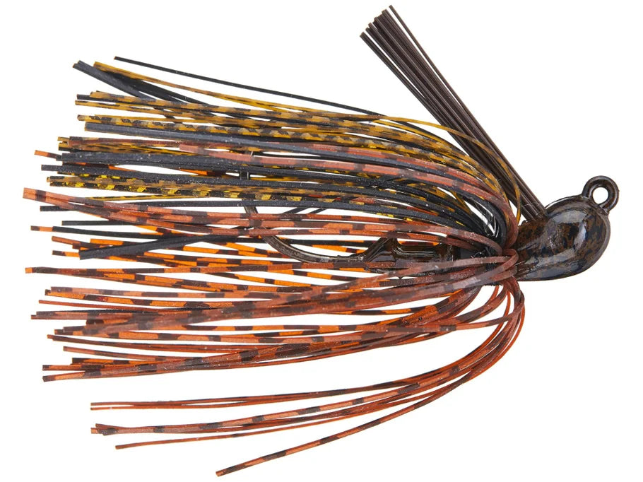 Greenfish Cobb's All Purpose Jig fishing lure with a weighted head and multi-colored rubber skirt featuring orange, black, and yellow strands designed for effective fishing tackle use.