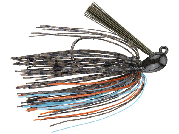 Greenfish Cobb's All Purpose Jig fishing lure with a weighted head and multi-colored silicone skirt in black, blue, and orange designed for versatile fishing tackle use.