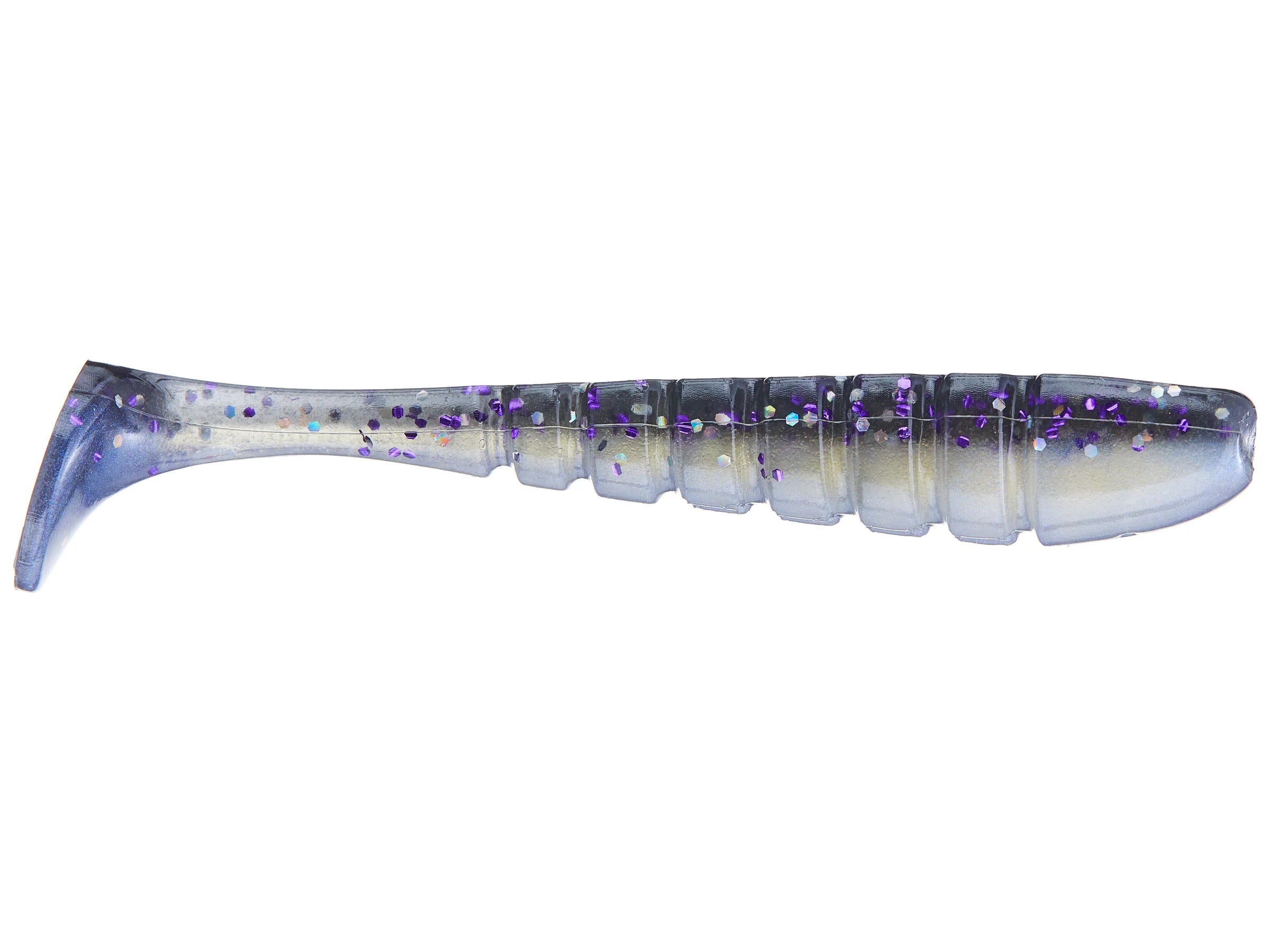 X-Zone Pro Series Swammer fishing lure in translucent shades of gray and blue with purple glitter, designed for musky fishing and complementing specialized fishing tackle.