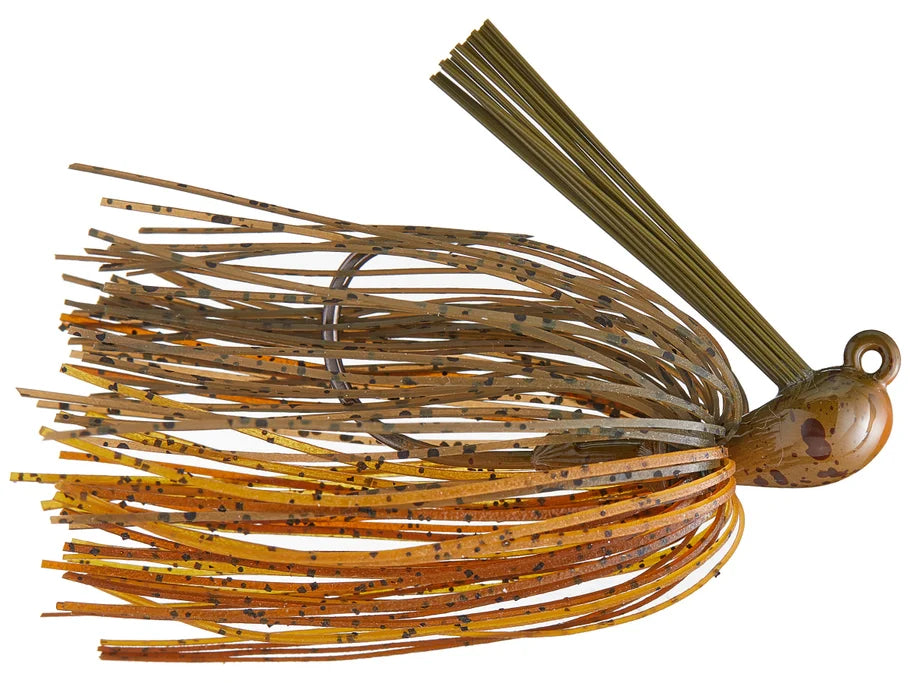 Greenfish Cobb's All Purpose Jig fishing lure with a detailed skirt in shades of brown and orange with black speckles, designed for versatile freshwater fishing.