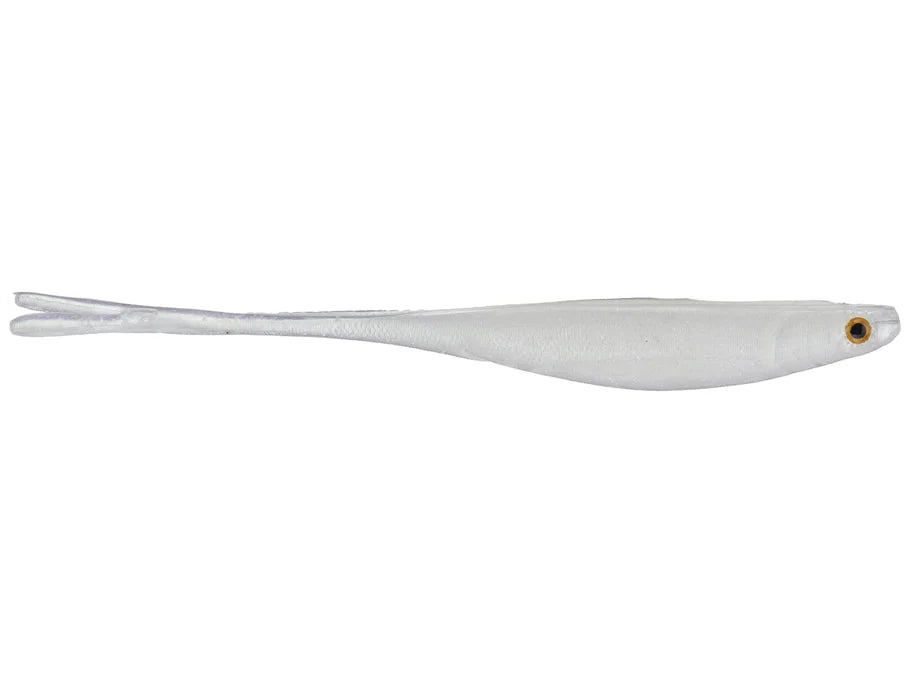 Optimum Victory Tail Soft Jerkbait in a translucent white color with realistic eye detail, designed for effective fishing tackle use targeting musky and other species.
