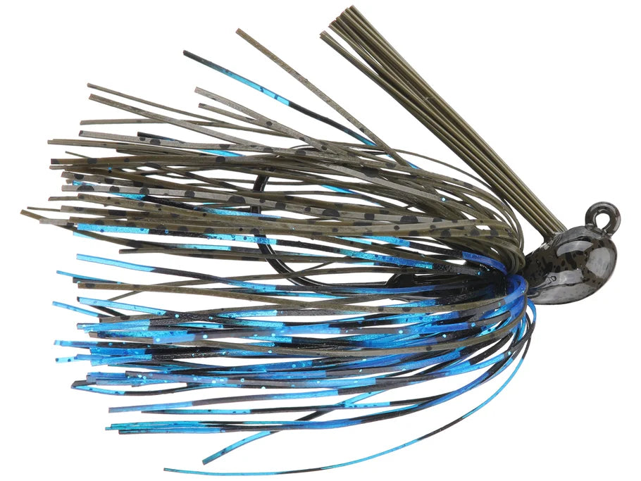 Greenfish Cobb's All Purpose Jig featuring a black and blue skirt with multiple thin strands and a weighted head designed for versatile fishing tackle use.