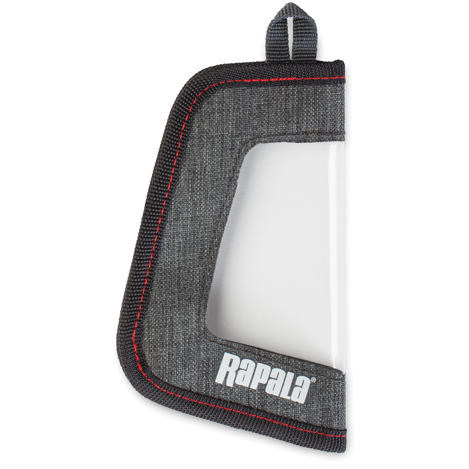 Rapala Rap Wrap fishing lure protective cover made of durable gray fabric with clear plastic window and red stitching, featuring a hanging loop for easy storage.