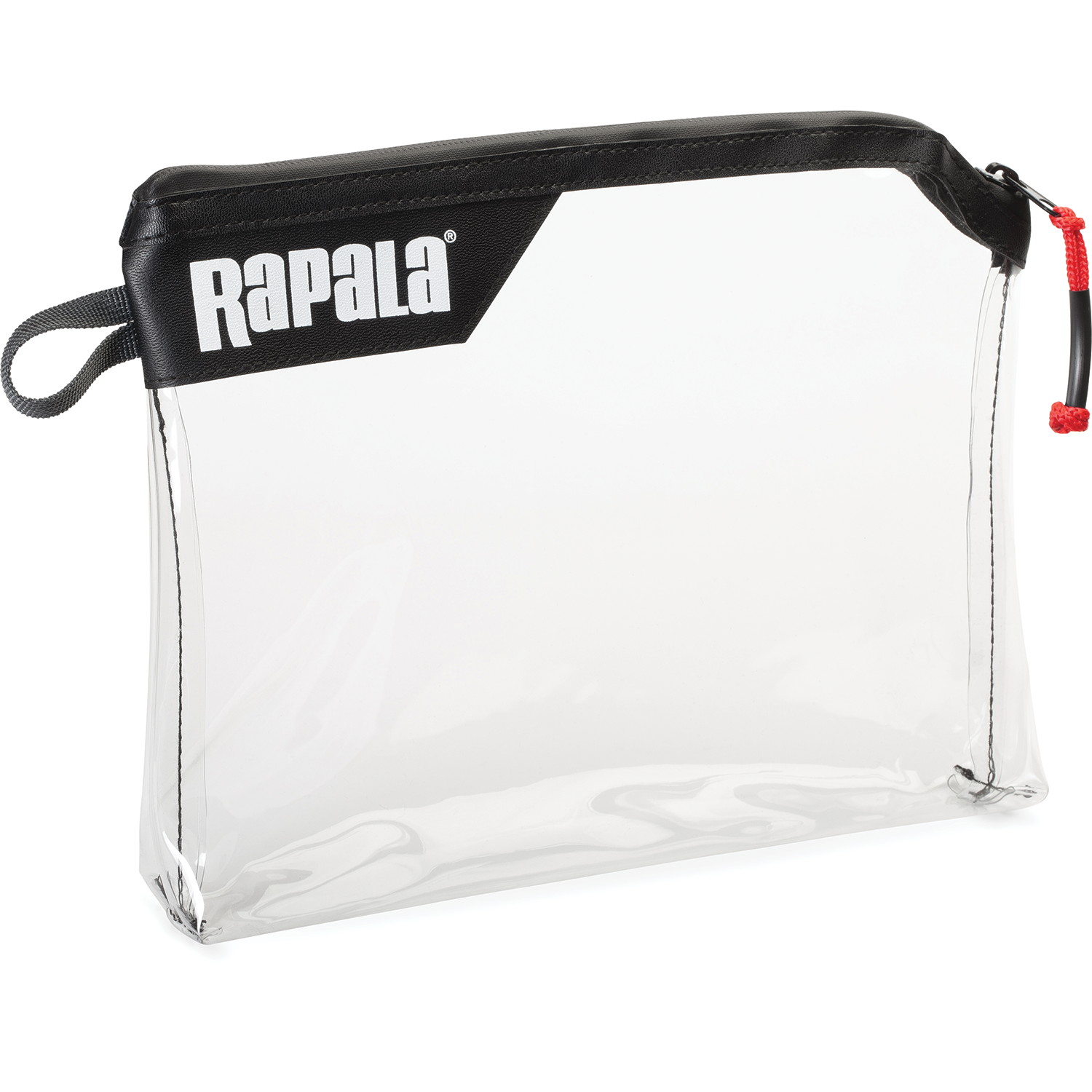 Clear rectangular zippered pouch with black trim and red pull cord, featuring the Rapala logo, designed for organizing fishing tackle and gear, named Rapala Rapid Pouch.