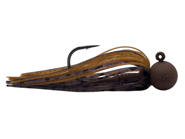 Beast Coast Compound O.W. Sniper Football Jig featuring a weighted brown football head with a hook and layered skirt in brown and yellow tones, ideal for fishing tackle.