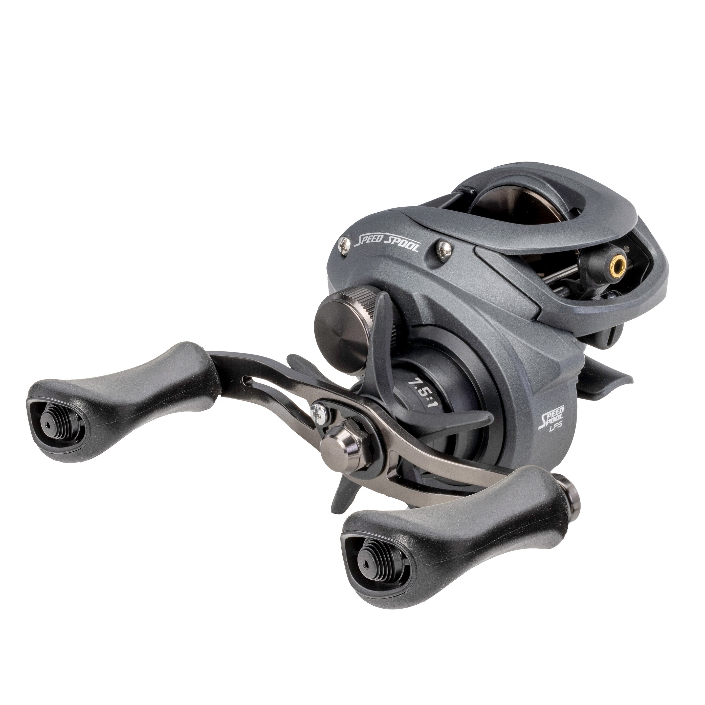Lew's Speed Spool Casting Reel in dark gray with ergonomic handles and a compact design, ideal for fishing tackle and precision casting.