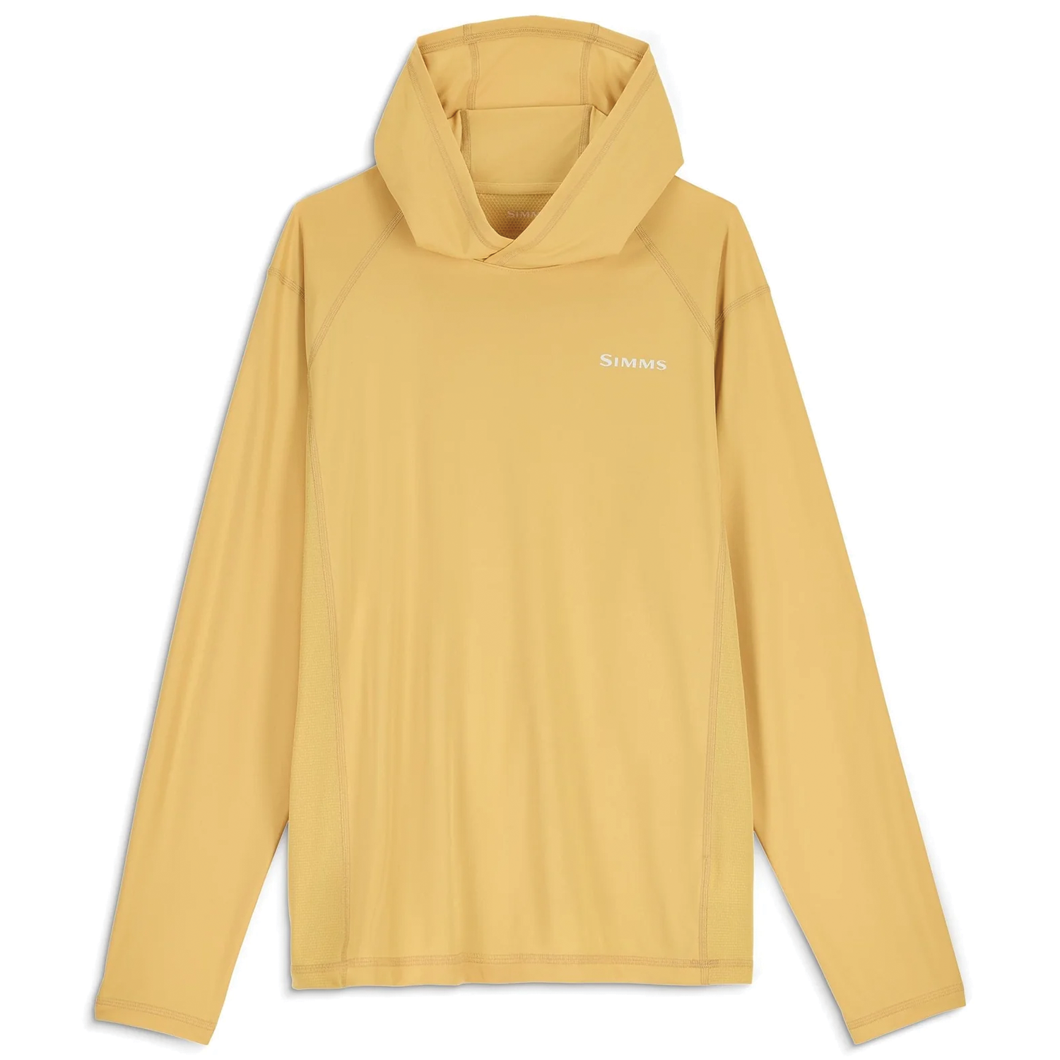 Simms Challenger Solar Hoody - Men's in a light tan color, long sleeves, hooded design with moisture-wicking fabric for sun protection during fishing activities.