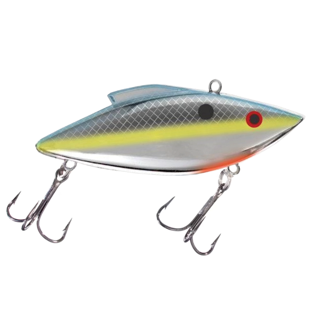 Bill Lewis Rat-L-Trap - Standard fishing lure with a silver body, blue and yellow accents, red eye, and two sharp treble hooks for effective fishing tackle use.