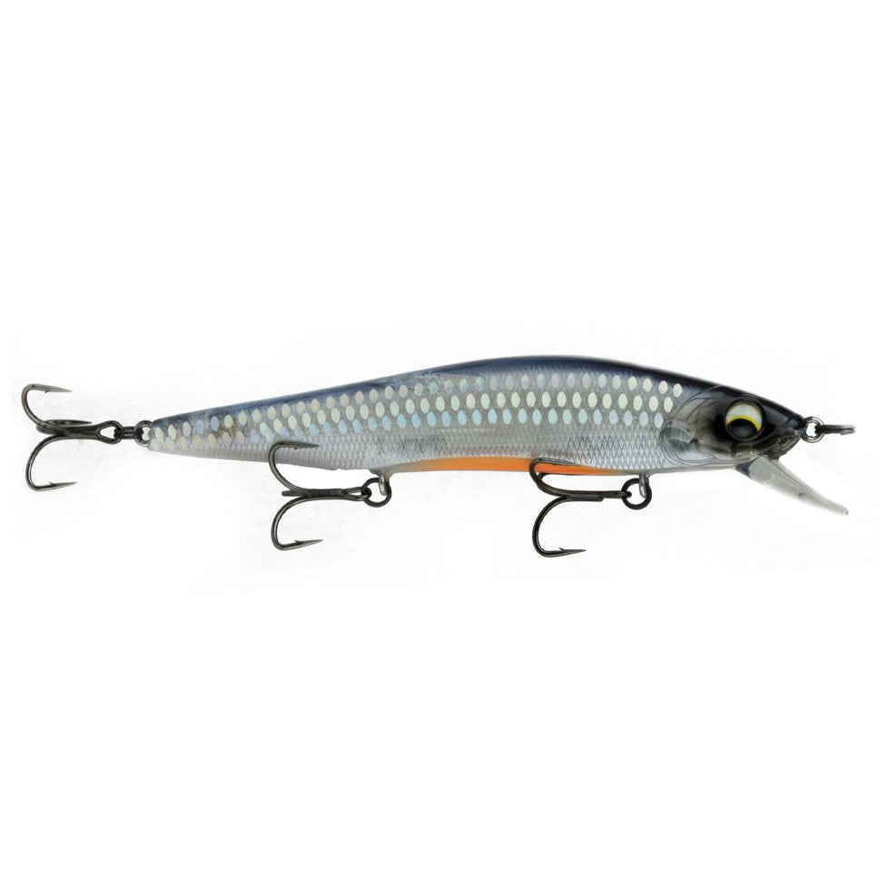 6th Sense Provoke 106X Jerkbait fishing lure with a sleek blue and silver scaled body, three sharp treble hooks, and a clear diving lip designed for realistic movement.