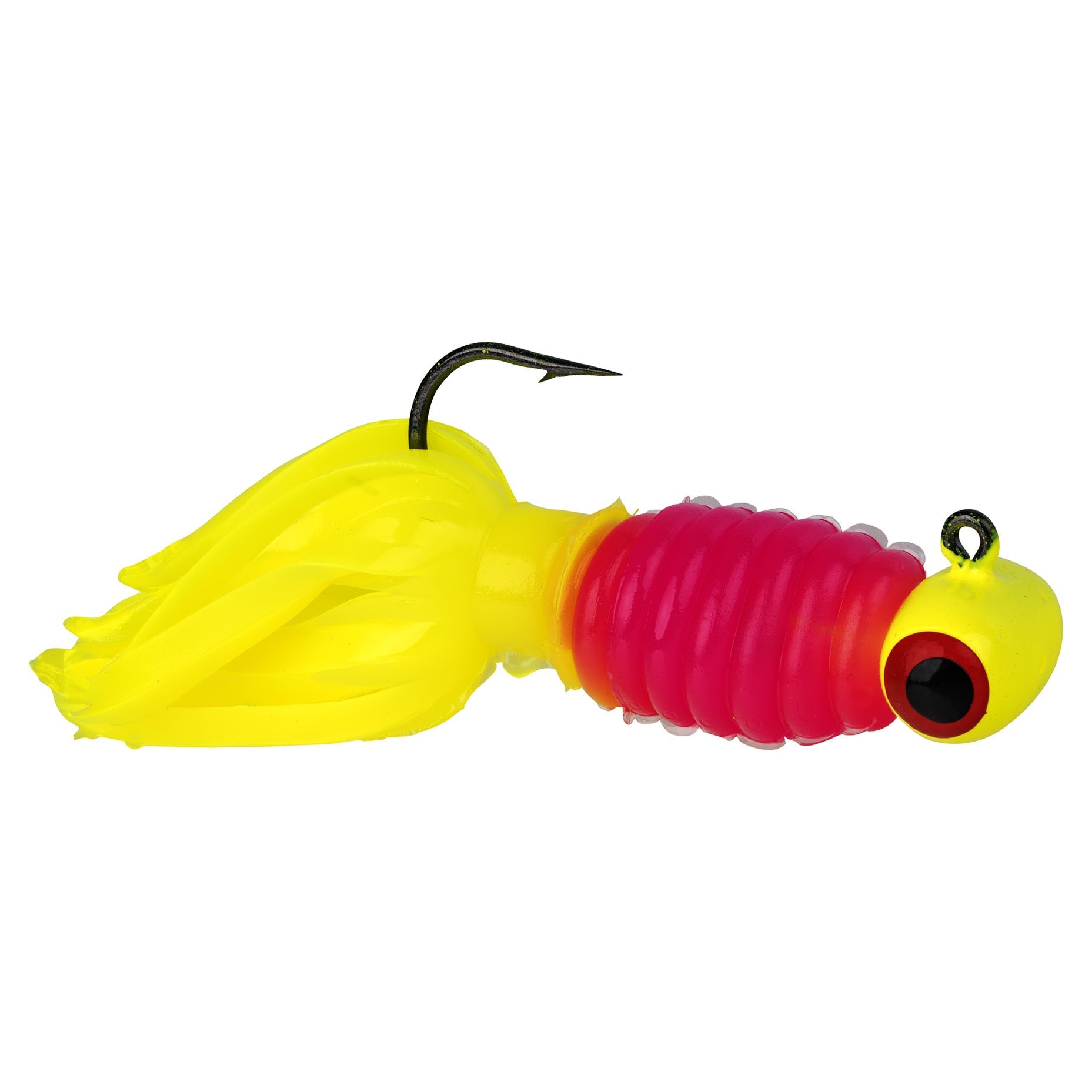 Bright yellow and red fishing lure with segmented textured body, large realistic eye, soft tentacle-like tail, and sharp single hook, Strike King Mr. Crappie Sausage Head.