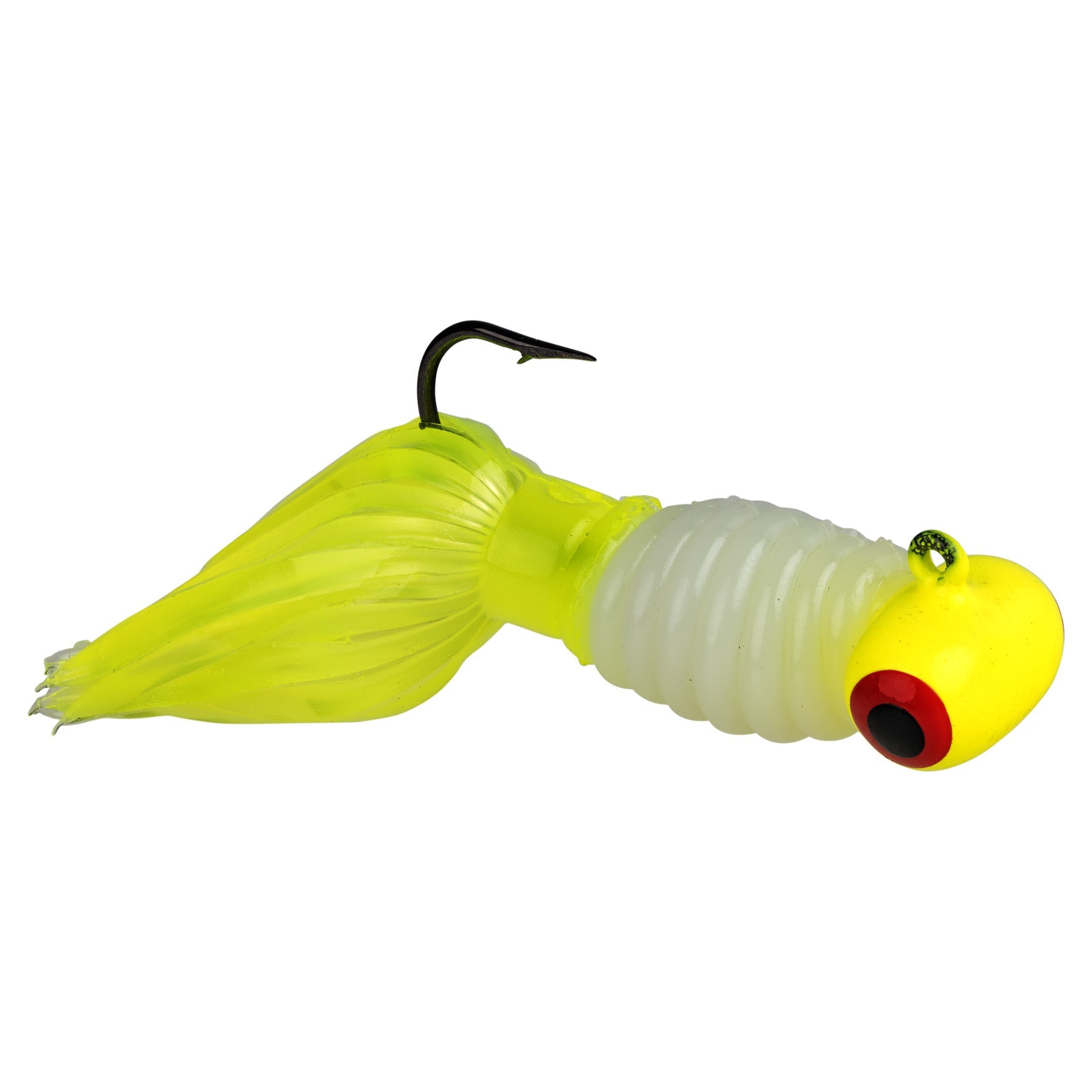 Strike King Mr. Crappie Sausage Head fishing lure with a bright yellow head, ribbed white body, red and black eye, flexible yellow tail, and a single black hook.
