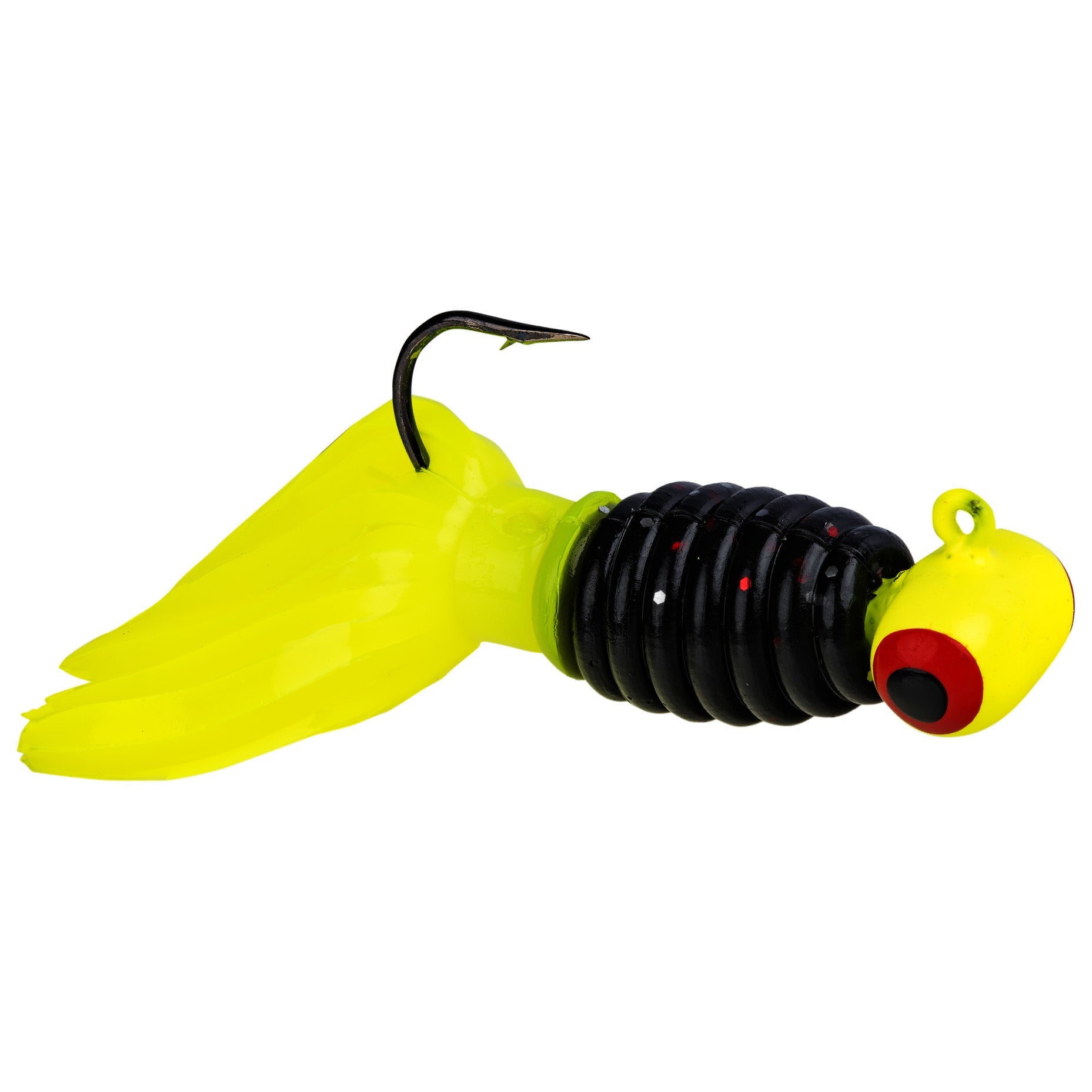 Strike King Mr. Crappie Sausage Head fishing lure in bright yellow and black with red and black eyes, featuring a ribbed body and a sharp hook for crappie fishing.