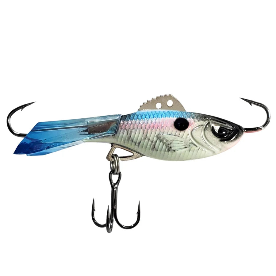 Acme Hyper Rattle fish-shaped fishing lure with blue and silver finish treble hook and lifelike eye for musky fishing tackle