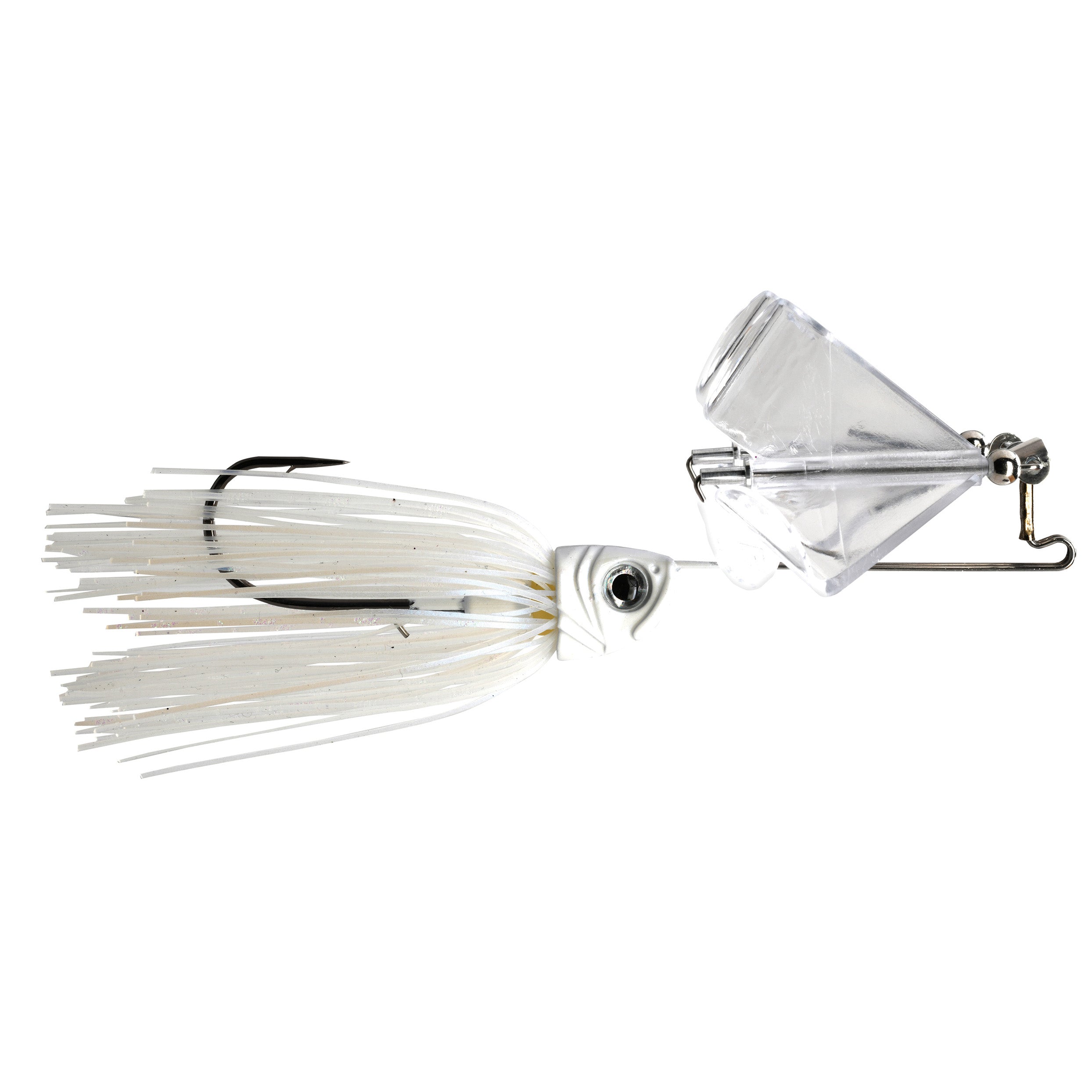 1st Gen Introvert Plastic Double Clacker Buzzbait featuring a white skirt, fish-shaped head, metal double clacker blades, and a sharp single fishing hook for effective fishing tackle use.