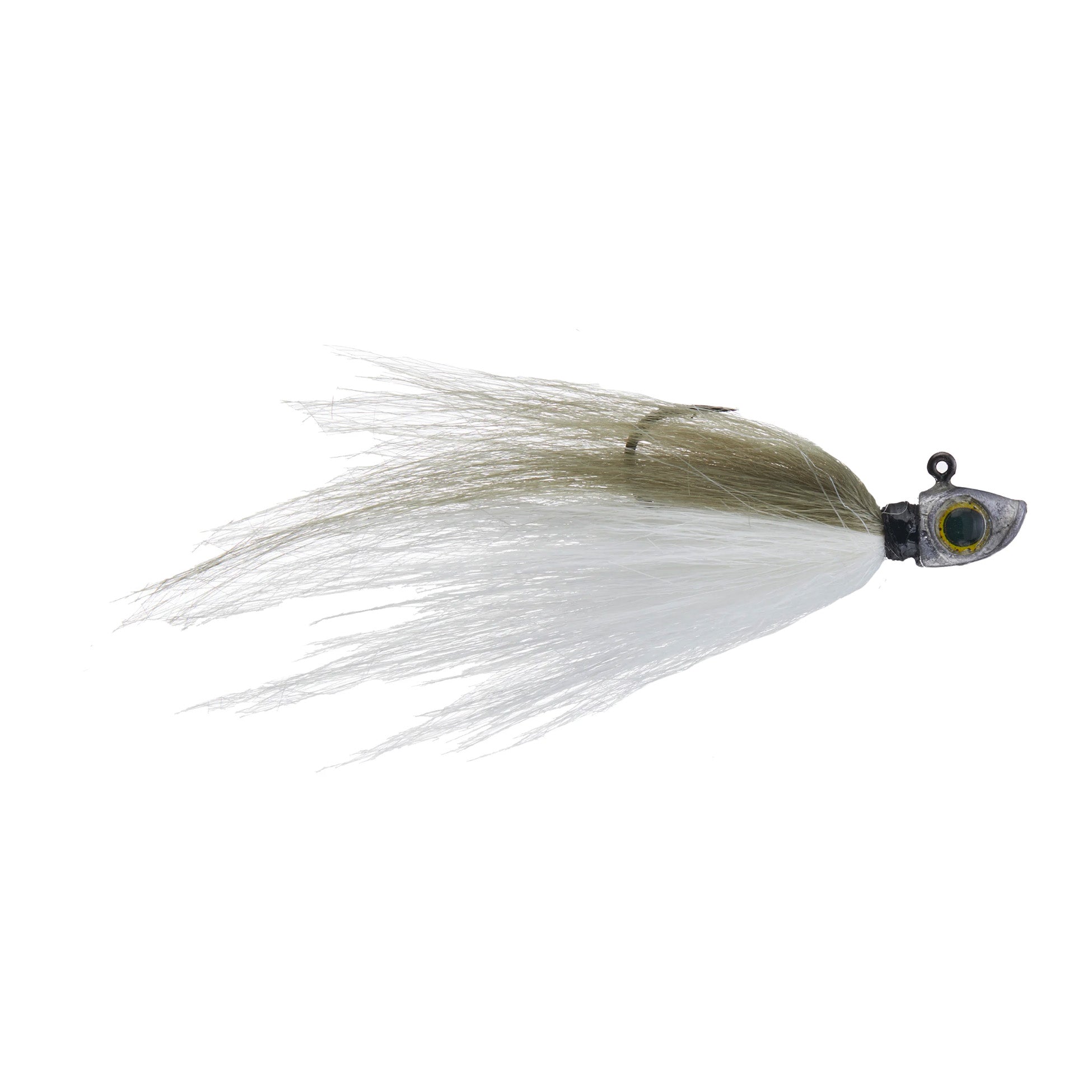 Outkast Tackle Float N Fly Hair Jig with a detailed fish head design, featuring olive and white synthetic hair for lifelike movement in water fishing tackle.