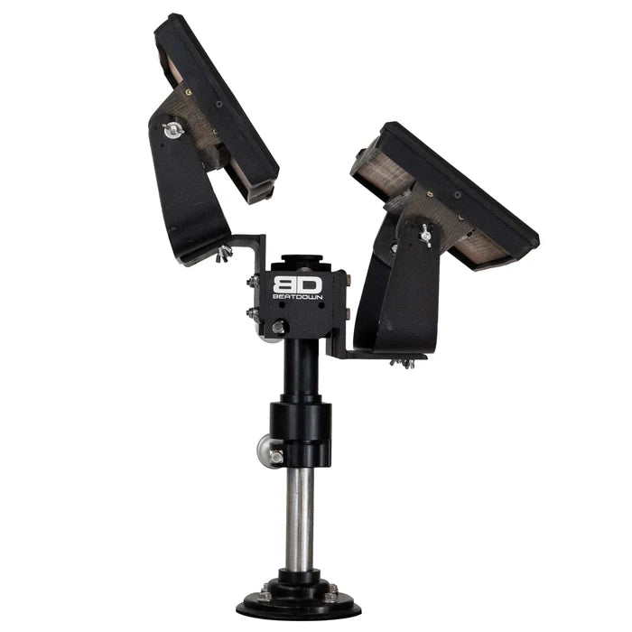 BeatDown Outdoors The Ultimate Shorty Mount featuring dual adjustable black mounting brackets on a sturdy metal base designed for secure installation in fishing and marine electronics setups.