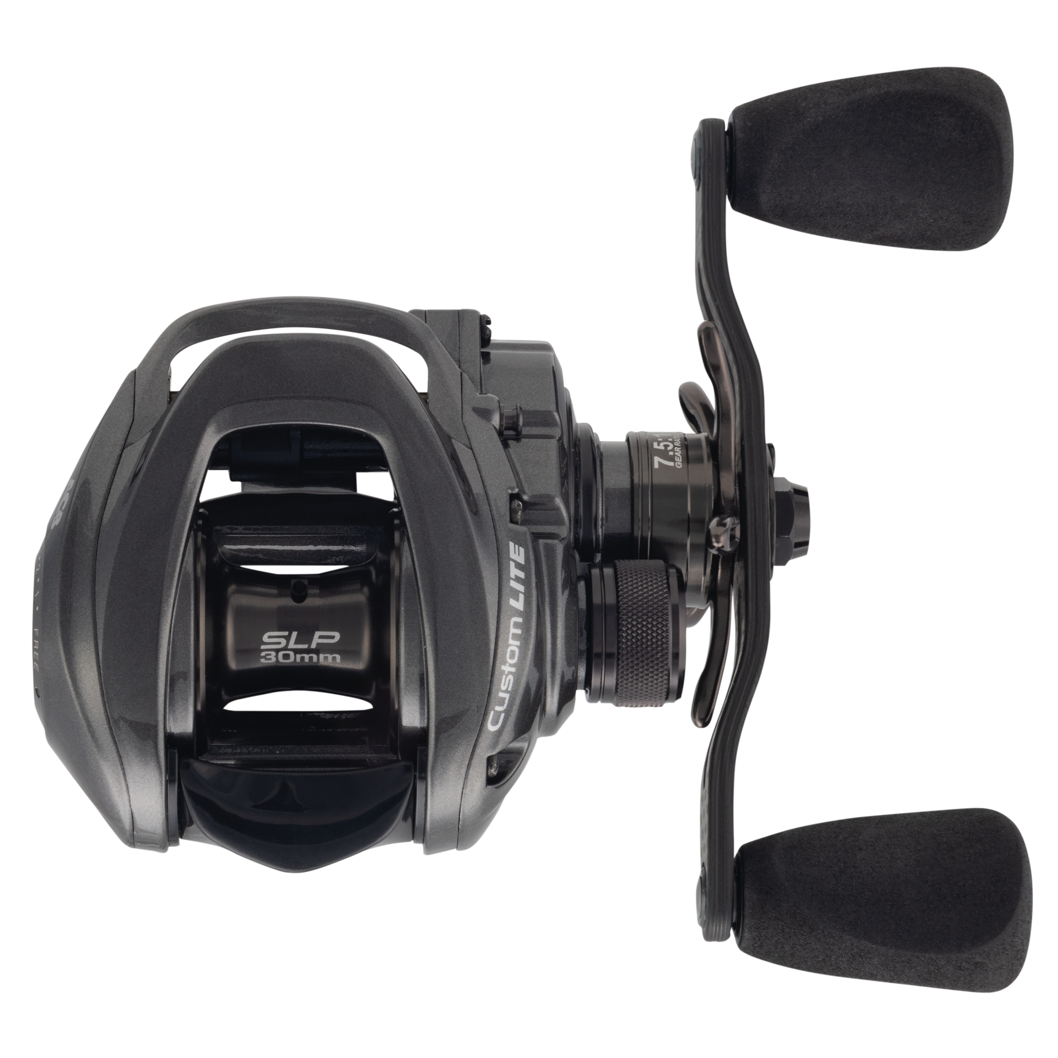 Lew's Custom Lite Speed Spool SLP Casting Reel in black and gray, featuring ergonomic handle grips and lightweight design for fishing tackle enthusiasts.