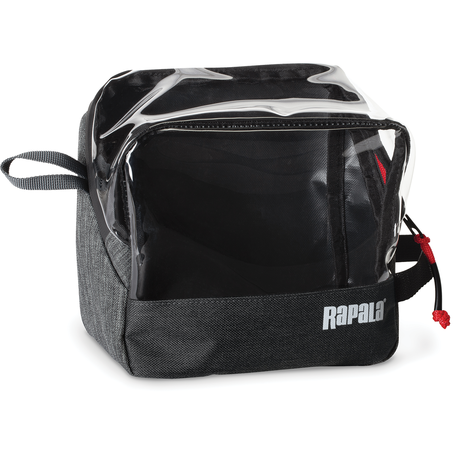 Rapala Rapid Pack is a compact black fishing tackle bag with a clear plastic top, fabric base, zippered main compartment, and a small handle loop for easy carrying.