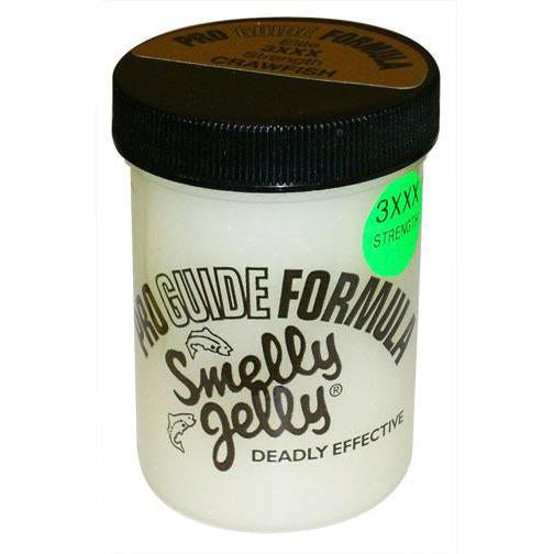 Container of Smelly Jelly ProGuide Formula fishing scent with a black lid, labeled as a powerful enhancer for fishing tackle and lures.