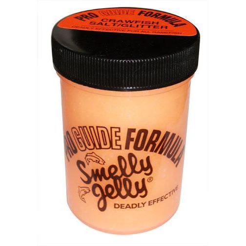 Container of Smelly Jelly ProGuide Formula fishing scent in orange with a black screw-on lid labeled crawfish saltglitter, designed for enhancing fishing tackle effectiveness.