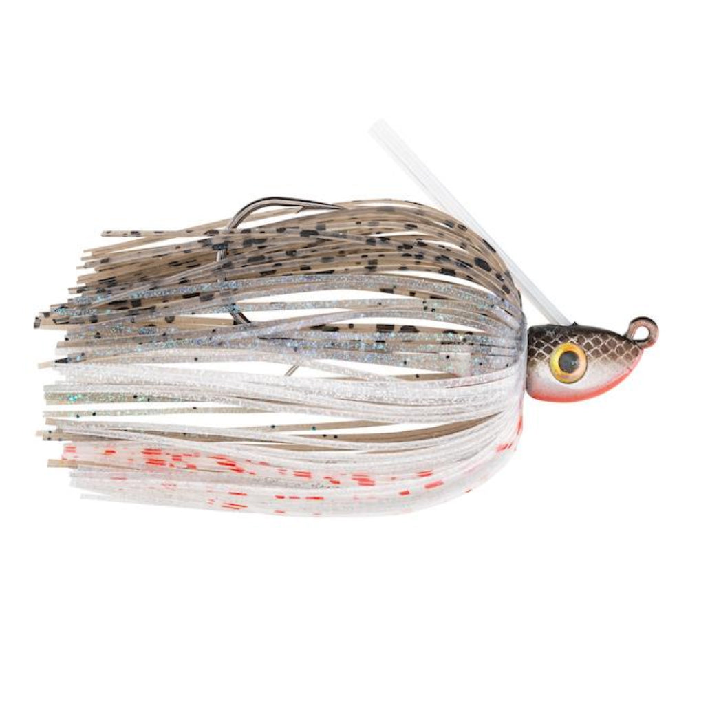 Strike King Tour Grade Swim Jig fishing lure with a detailed fish-shaped head and multi-colored skirt featuring gray, white, and hints of red designed for effective fishing tackle use.