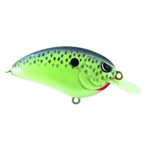 SPRO Little John 50 Crankbait fishing lure in chartreuse and black with a square bill, featuring detailed eyes and scale pattern for attracting fish.