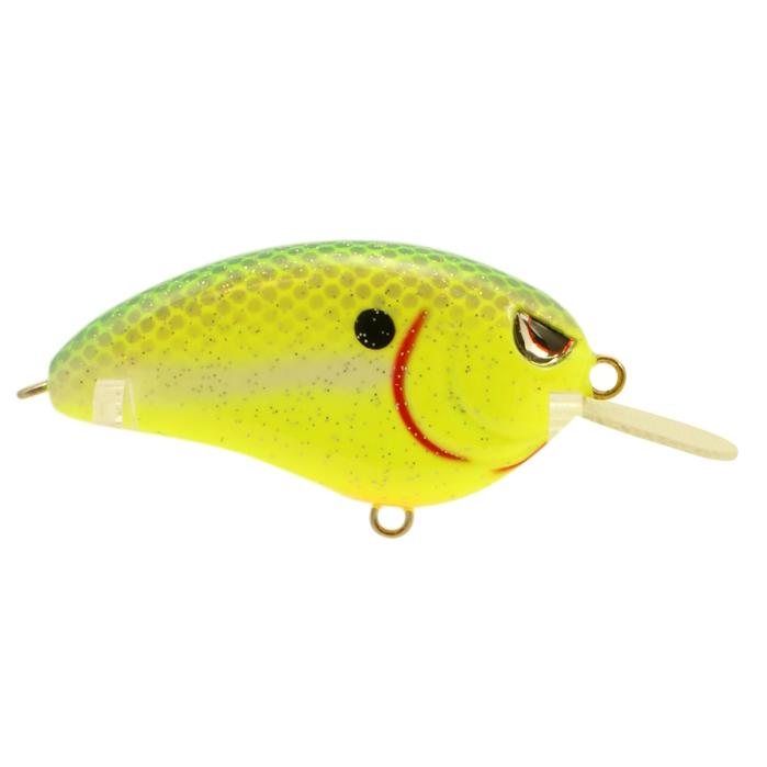 SPRO Little John 50 Crankbait in bright chartreuse with a patterned scale design, black eye spot, and square bill, ideal for fishing tackle enthusiasts.