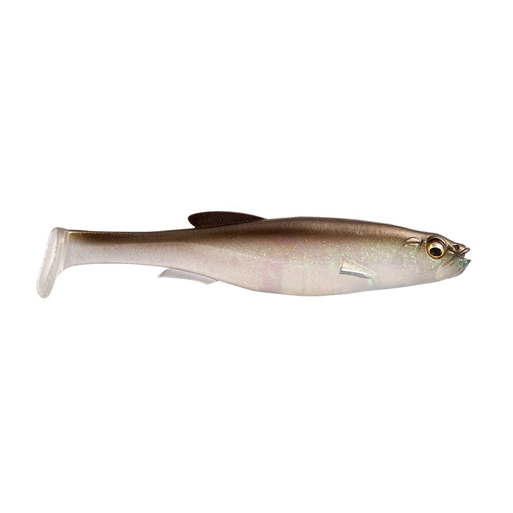 Megabass Magdraft 5" Freestyle soft fishing lure in natural shad color with realistic fish shape designed for effective fishing tackle use.