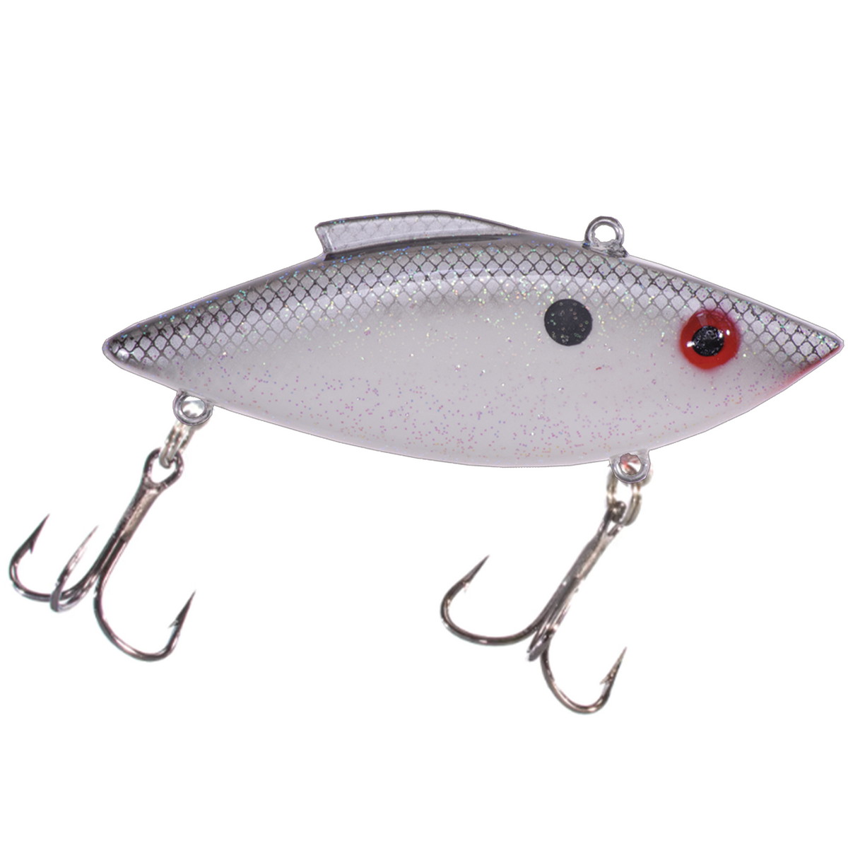 Bill Lewis Rat-L-Trap - Magnum Force is a metallic silver fishing lure with scale detailing, red and black eye markings, and two sharp treble hooks designed for effective fishing tackle use.
