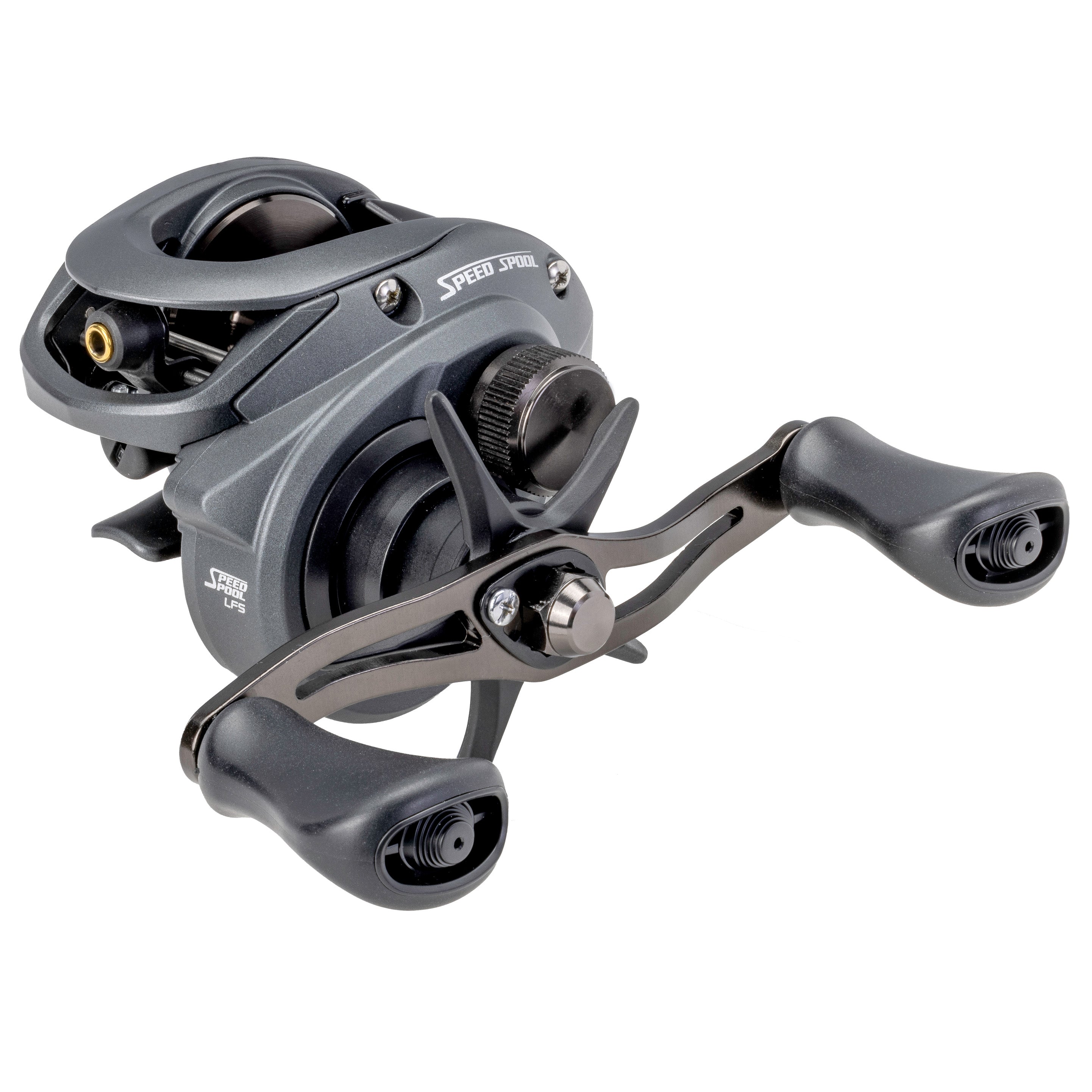 Lew's Speed Spool Casting Reel in matte black finish with ergonomic double handles and adjustable drag system designed for smooth casting and durability in fishing tackle.