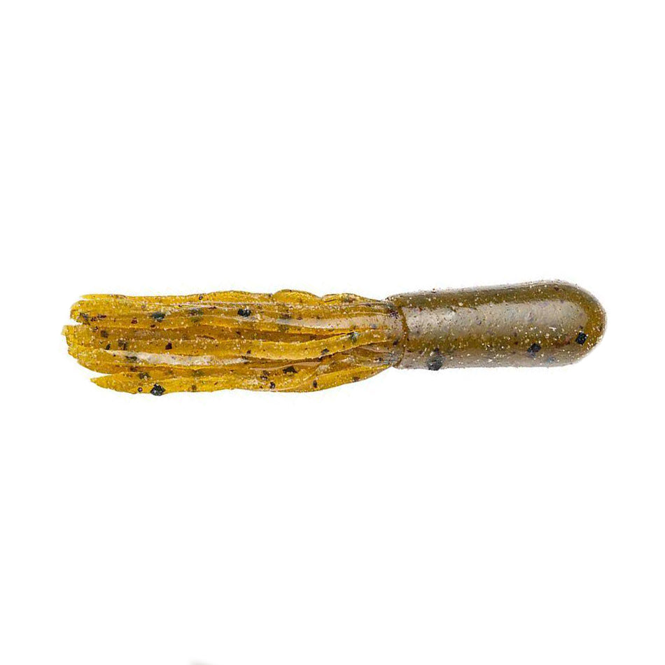 Soft plastic fishing lure in green pumpkin color with black flecks, featuring a ribbed, segmented skirt design, identified as Strike King Fat Coffee Tube.