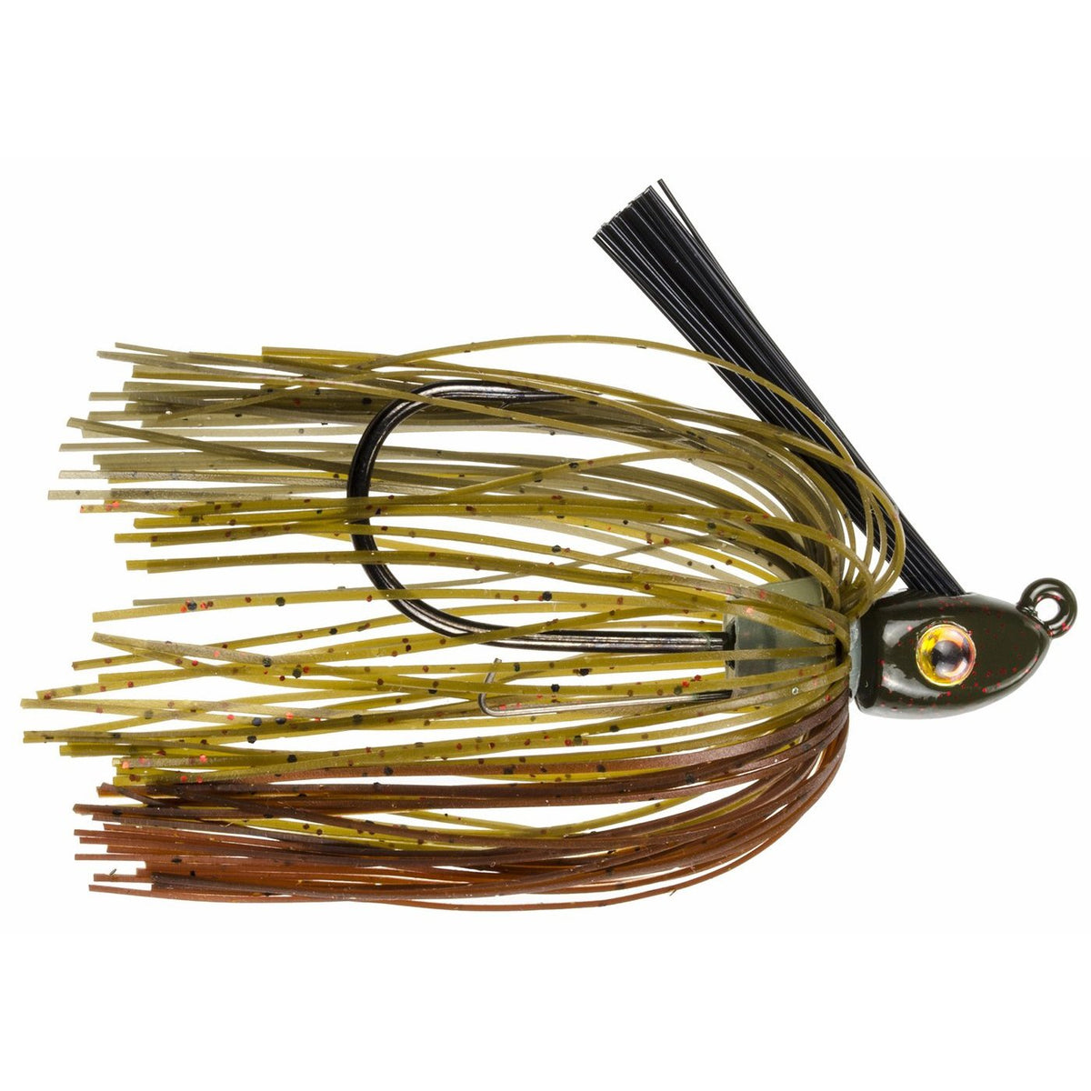 Strike King Hack Attack Heavy Cover Swim Jig featuring a detailed head with realistic eye, weed guard, and multi-colored green pumpkin and brown skirt for fishing tackle.