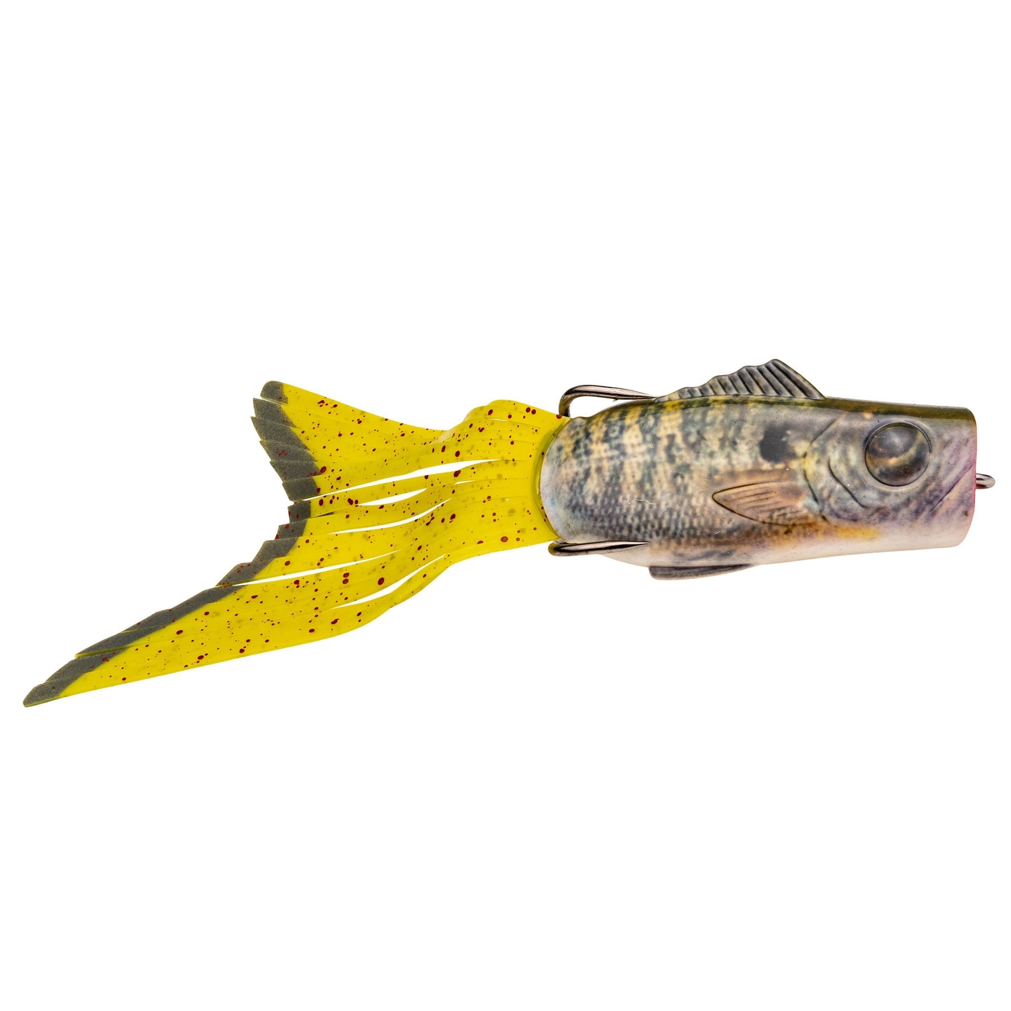 Strike King KVD Popping Perch fishing lure designed to mimic a small fish with a detailed body and bright yellow flexible tail, ideal for freshwater fishing tackle.