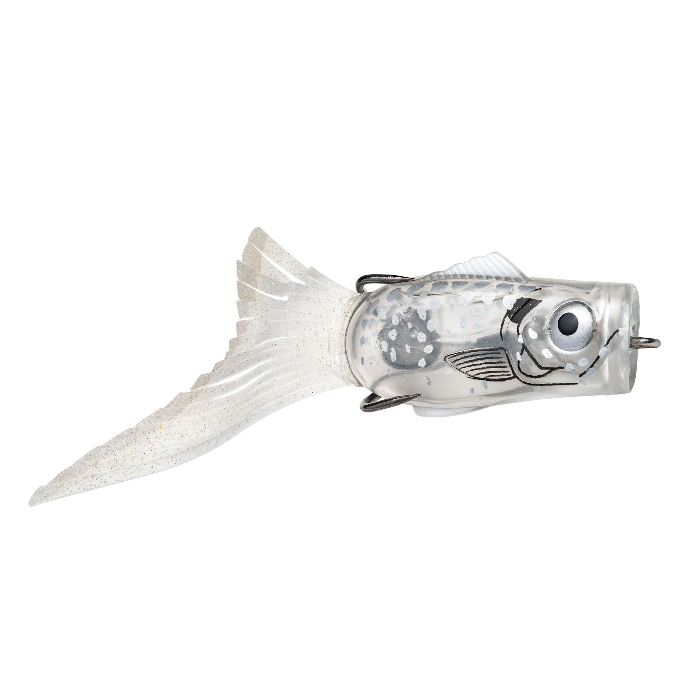 Strike King KVD Popping Perch fishing lure with a translucent fish-shaped body, detailed eyes, and soft tail designed for freshwater fishing tackle.