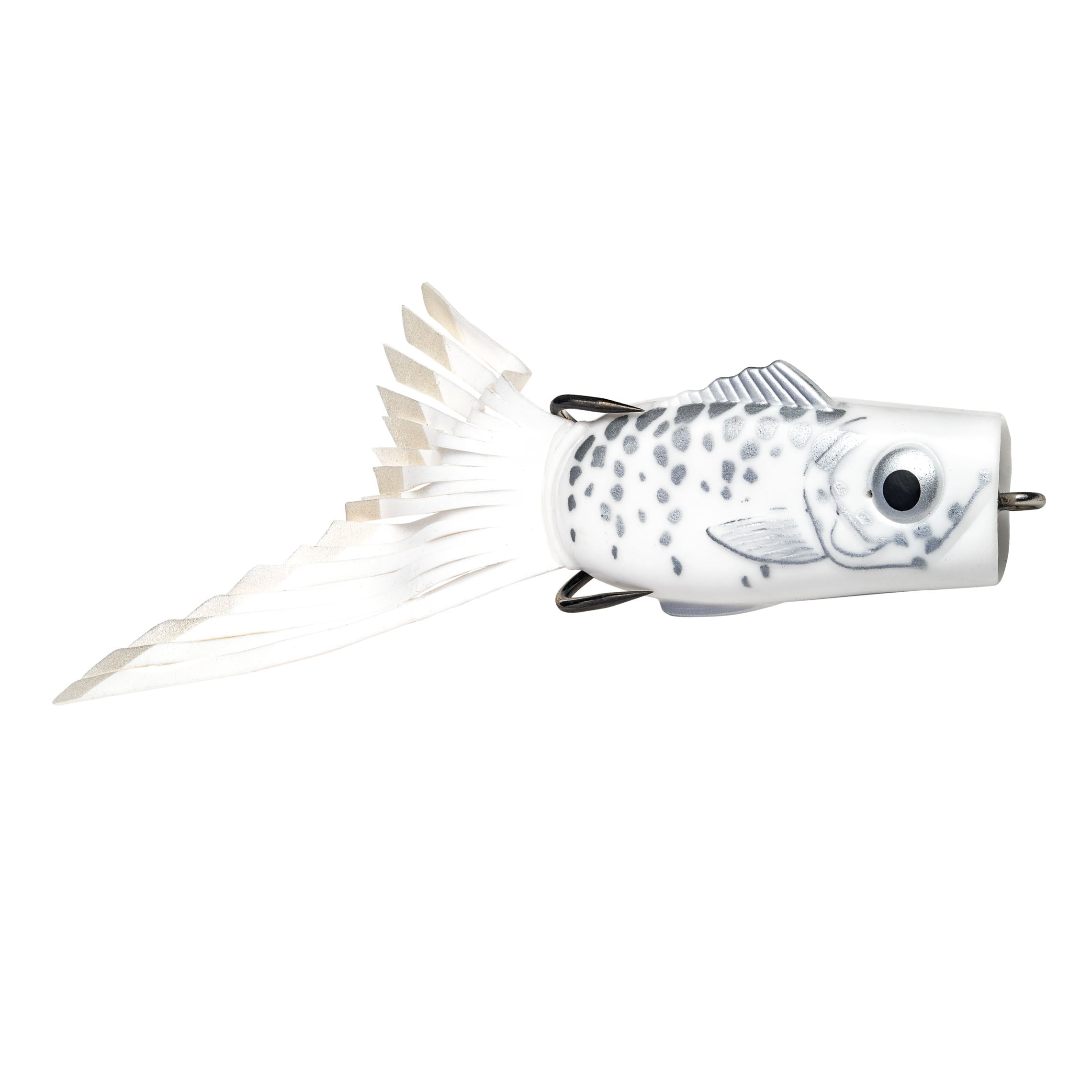 Strike King KVD Popping Perch fishing lure designed with a white body, black spots, large realistic eyes, and a soft, flowing tail for lifelike movement in water.