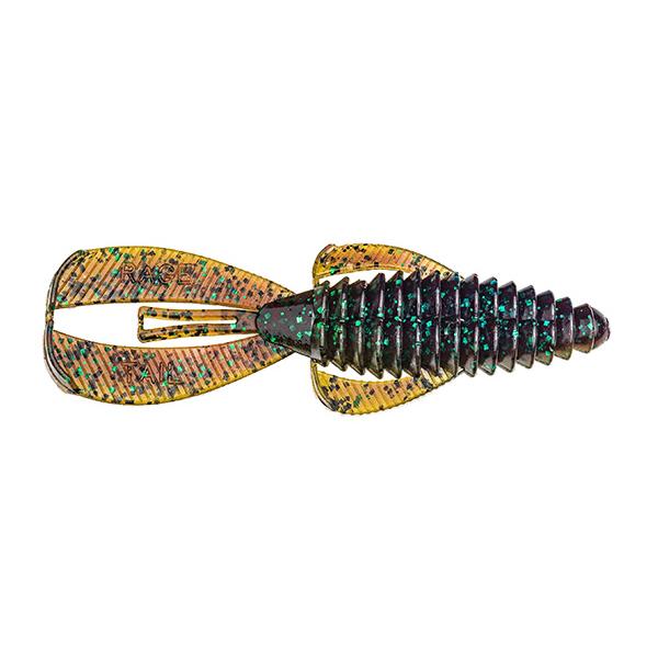 Strike King Rage Bug fishing lure in green and brown hues with textured ribbed body and dual paddle tails designed for attracting fish.