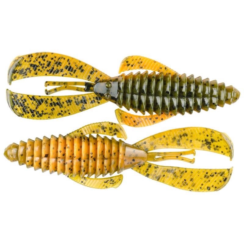 Two soft plastic fishing lures in yellow and green hues with black speckles, designed to mimic a bug, labeled as Strike King Rage Bug for fishing tackle use.