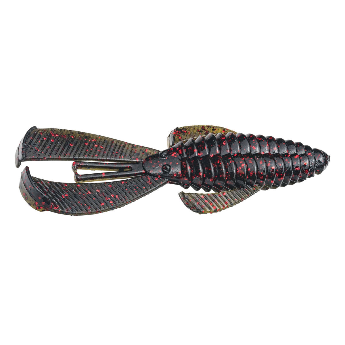 Strike King Rage Bug soft plastic fishing lure designed to imitate a crawfish with dark body and red flecks, ideal for fishing tackle enthusiasts targeting musky and freshwater species.