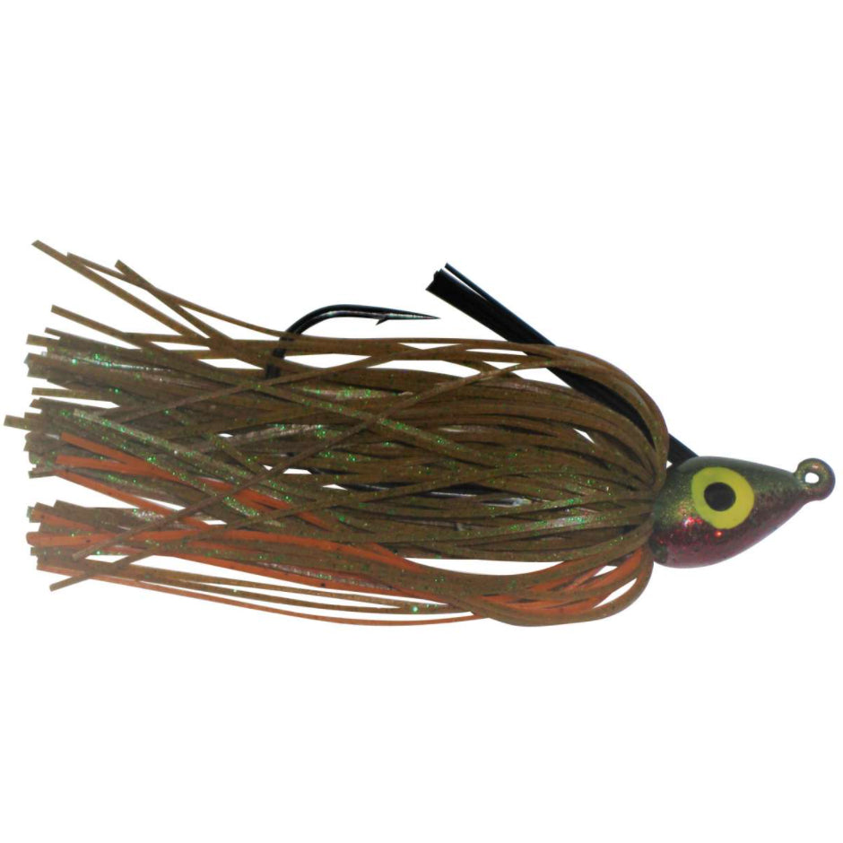 Lethal Weapon II Swim Jig featuring a green and brown skirt with orange accents, a detailed eye design, and a sharp fishing hook for effective fishing tackle use.