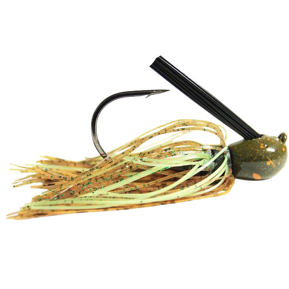 Missile Baits Ike's Mini Flip Jig fishing lure featuring a green and tan skirt with glitter accents, a sharp black hook, and a weed guard for musky fishing tackle.