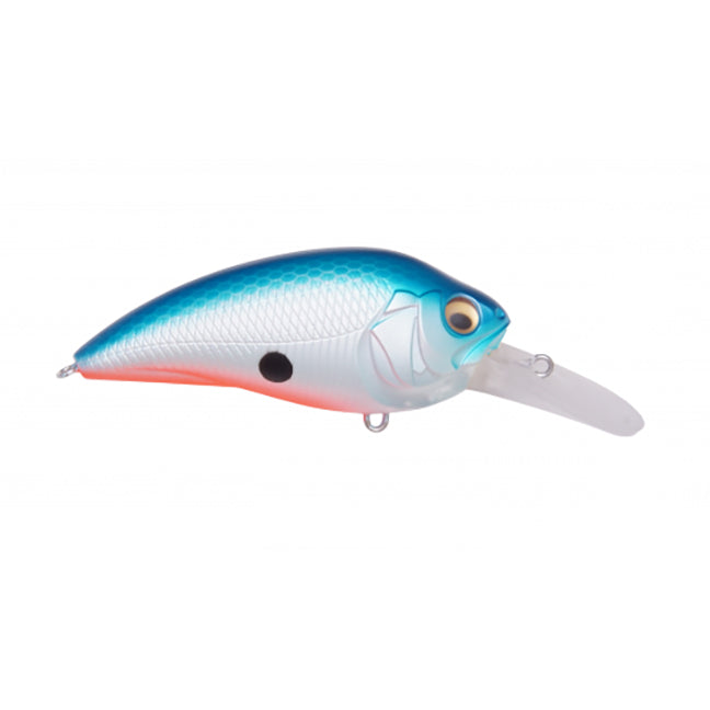 Megabass Super-Z Z2 fishing lure in a shimmery blue and silver finish with a black spot and an extended clear diving lip designed for musky fishing tackle.