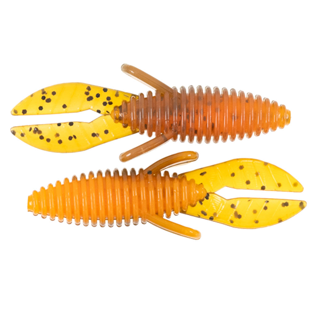 Two soft plastic fishing lures in orange and yellow with black speckles, designed to resemble crawfish, labeled Missile Baits Micro D Bomb for fishing tackle.
